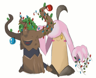 ambiguous_gender blush christmas_decorations christmas_lights duo holidays ornament plant simple_background string_lights tree white_background pumpkinwaifu christmas nintendo pokemon elemental_creature flora_fauna generation_6_pokemon ghost gourgeist pokemon_(species) spirit trevenant 2013 2_frame_animation animated