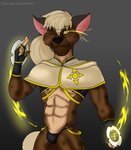 abs anthro armwear brown_body brown_fur clothed clothing eyewear fur glasses gloves glowing glowing_eyes hair handwear hood male nipples ponytail scar simple_background solo weapon klr-rio radi_(klr-rio) hyena mammal spotted_hyena digital_media_(artwork) hi_res