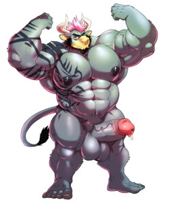 5_fingers 5_toes abs anthro areola armpit_hair balls beard biceps big_balls big_muscles big_penis biped black_areola black_hair black_nipples bodily_fluids body_hair brown_eyes clenched_teeth ear_piercing ear_ring erection eyebrows facial_hair facial_piercing feet fingers flexing fur genital_fluids genitals grey_body grey_fur hair horn huge_muscles looking_at_viewer male muscular muscular_anthro muscular_male nails navel neck_muscles nipples nose_piercing nude one_eye_closed pecs penis piercing pink_hair precum pubes quads ring_piercing septum_piercing simple_background solo standing tail tail_tuft tattoo teeth toes triceps tuft vein veiny_penis white_background wink komboochie bovid bovine cattle mammal 2019 absurd_res character_request hi_res