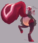 anthro big_diaper big_tail blush bodily_fluids clothed clothing dialogue diaper diaper_under_skirt female fluffy fluffy_tail fur genital_fluids hair legwear looking_at_viewer looking_back looking_back_at_viewer ponytail red_body red_fur skunk_tail solo stockings tail tail_under_skirt talking_to_viewer unclean_diaper urine used_diaper wearing_diaper wet_diaper wetting wetting_diaper white_hair vanillayote pommy_(vanillayote) mammal mephitid skunk hi_res