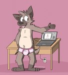 anthro art_program barefoot boxer_briefs briefs briefs_only brown_body brown_fur brown_nose brown_table bulge clothed clothing computer electrical_outlet electrical_plug electronics feet front_view fur furniture laptop male pink_background pink_briefs pink_clothing pink_underwear power_cord shadow simple_background smile solo table tongue tongue_out topless underwear underwear_only mushketeery mushy_(mushketeteery) hyena mammal spotted_hyena hi_res signature