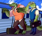 anthro boater_hat clothing duo gig_bag hat headgear headwear male musical_instrument train train_station vehicle hacony crocodile crocodilian crocodylid reptile scalie hi_res