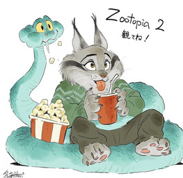 anthro blue_body blue_scales claws clothing duo eating feral food fur grey_body grey_fur male pawpads popcorn scales sweater text tongue tongue_out topwear hikaritoriumi disney zootopia gary_de'snake pawbert_lynxley canada_lynx felid feline lynx mammal pit_viper reptile scalie snake viper japanese_text