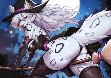 anthro armwear biped black_clothing blush breasts broom broom_riding butt cleaning_tool clothed clothed_anthro clothed_female clothing elbow_gloves female fingers flirting_look forest forest_background fur gloves hair handwear hat headgear headwear heart_(marking) heart_symbol highlights_(coloring) legwear looking_back magic_user markings mole_(marking) moon multicolored_body nature nature_background night outside plant purple_eyes purple_highlights rear_view sky smile smug smug_face solo spots spotted_body spotted_fur star stockings tail teasing translucent translucent_clothing translucent_legwear translucent_stockings tree witch witch_costume witch_hat shermugi freya_(xaineth) arctic_fox canid canine fox mammal true_fox 2025 digital_drawing_(artwork) digital_media_(artwork) hi_res