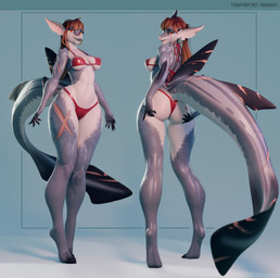 4_toes 5_fingers anthro arm_fin bangs barefoot big_tail bikini breasts brown_hair butt camel_toe claws cleavage clothed clothing countershade_face countershade_tail countershade_torso countershading curvy_figure digitigrade ear_fins ear_piercing ear_ring eyelashes feet female fin fingers glistening glistening_arms glistening_clothing glistening_legs glistening_swimwear grey_body hair long_legs long_tail looking_aside looking_back multiple_poses navel orange_eyes piercing ponytail pose pupils red_clothing ring_piercing scar sharp_teeth slit_pupils standing swimwear tail tail_fin teeth thick_tail thick_thighs toe_claws toes two-piece_swimsuit wide_hips mandra57 agate_(mandra57) aquatic fish shark 2024 3d_(artwork) digital_media_(artwork) full-length_portrait hi_res portrait