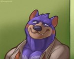 anthro clothing cross-eyed dress_shirt fangs green_background hair male purple_body purple_eyes purple_hair shirt simple_background smile solo teeth topwear baragoon64 taz_(facebook) canid canine mammal 5:4