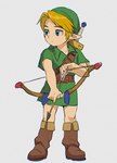 arrow_(weapon) blonde_hair blue_eyes boots bow_(weapon) clothing elf footwear hair hi_res holding_object holding_weapon humanoid humanoid_pointy_ears hylian light_body light_skin male nintendo not_furry ocarina_of_time olxexlo ranged_weapon shoes simple_background solo the_legend_of_zelda weapon young_link