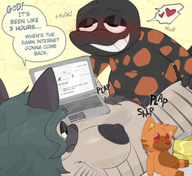 areola black_areola bored_sex eyes_rolled_up female green_hair grin hair male male/female nipples nude sex slightly_chubby slightly_chubby_female smile text vaginal crushpepper gila_monster helodermatid lizard reptile scalie english_text hi_res tagme