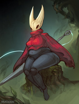 2_horns anthro belly biped black_body bottomless breasts cloak clothed clothing featureless_feet feet female front_view holding_melee_weapon holding_object holding_weapon horn hornet's_needle leaf melee_weapon navel non-mammal_breasts overweight overweight_female plant pose red_cloak red_clothing roots solo thick_thighs tree_stump weapon molligrin hollow_knight_(franchise) team_cherry hornet_(hollow_knight) arachnid arthropod spider 2025 absurd_res hi_res pinup watermark