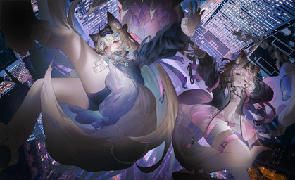 accessory animal_ears band-aid bandage bare_legs belt bikini black_choker black_jewelry black_necklace blonde_hair blue_eyes bottomwear choker clothing coat fake_horns falling fangs female fluffy_ears hair hair_accessory hair_between_eyes highlights_(coloring) jewelry long_hair necklace one_eye_closed open_mouth pink_eyes short_hair shorts skirt swimwear tail teeth text thigh_strap topwear two-piece_swimsuit white_bikini white_bottomwear white_clothing white_shorts white_swimwear fuwachu hololive hololive_en vtuber fuwawa_abyssgard mococo_abyssgard animal_humanoid canid canid_humanoid canine canine_humanoid dog_humanoid humanoid mammal mammal_humanoid absurd_res english_text hi_res