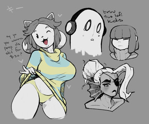anthro big_breasts breasts clothed clothed_anthro clothed_female clothing clothing_lift dialogue eye_patch eyewear female fully_clothed fully_clothed_anthro fully_clothed_female fur hair heart_symbol male panties shirt shirt_lift simple_background smile solo sweater text topwear underwear white_body white_fur yellow_clothing yellow_panties yellow_sweater yellow_topwear yellow_underwear latchk3y undertale undertale_(series) frisk_(undertale) napstablook temmie_(undertale) undyne aquatic canid canine canis felid fish ghost human mammal spirit tem 2019 bust_portrait digital_drawing_(artwork) digital_media_(artwork) english_text hi_res portrait
