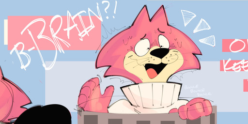 anthro black_eyes black_nose bodily_fluids clothing exclamation_point fangs fur inside_trash_can male multicolored_body multicolored_fur nervous pink_body pink_ears pink_fur question_mark sharp_teeth solo surprised sweat sweater tan_body tan_fur teeth text three-quarter_view tongue topwear trash_can two_tone_body two_tone_fur whiskers white_clothing white_sweater white_topwear sushiamazing hanna-barbera top_cat_(series) choo-choo_(top_cat) domestic_cat felid feline felis mammal 2025 absurd_res digital_media_(artwork) english_text hi_res