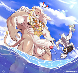 anthro balls biceps big_penis biped black_sclera bodily_fluids duo erection exclamation_point foreskin genital_fluids genitals humanoid_genitalia humanoid_penis male muscular muscular_anthro muscular_male muscular_thighs nipples nude outside partially_submerged pecs penis precum question_mark solo_focus tail tail_tuft triceps tuft vein veiny_penis water nnknwnn_(artist) dislyte lilith_games javid_(dislyte) jin_qiu_(dislyte) felid lion mammal pantherine tiger 2025 colored hi_res signature