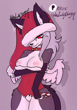 anthro breasts christmas_clothing clothing female genitals holidays solo vaginal vulva naholadydragon christmas hellaverse helluva_boss mythology loona_(helluva_boss) canid canid_demon canine canis demon hellhound mammal mythological_canine mythological_creature wolf hi_res