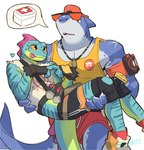 anthro big_muscles biped black_eyes duo holding_another male muscular muscular_anthro muscular_male slim_anthro slim_male yellow_sclera greyy epic_games fortnite lizzik_(fortnite) safety_first_steve_(fortnite) fish lizard marine reptile scalie shark 2024 hi_res