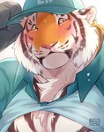 anthro blush clothed clothing clothing_lift countershading gloves handwear hat headgear headwear male shirt shirt_lift shirt_up solo stripes topwear whiskers giraffe_(artist) lam-chan felid mammal pantherine tiger