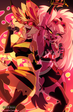 4_arms alcohol alternate_species anthro beverage black_nose bottomwear breasts clothing duo electronics eyewear eyewear_on_head fangs female fur glasses glasses_on_head hair microphone multi_arm multi_limb pink_body pink_fur pink_hair shorts singing skirt teeth yellow_body yellow_fur skeleion hellaverse helluva_boss mythology queen_bee-lzebub_(helluva_boss) verosika_mayday arthropod bee canid canid_demon canine demon fox hellhound hybrid hymenopteran insect mammal mythological_canine mythological_creature hi_res