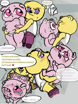 anthro belly bodily_fluids bottomwear clothing crying dialogue duo male male/male pants pink_body purple_body sex shirt slightly_chubby tears text topwear yellow_body jantratanyaporn unicorn_wars coco_(unicorn_wars) gordi_(unicorn_wars) bear mammal 2023 3:4 comic spanish_text