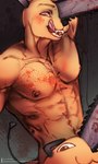 anthro anthrofied blood bodily_fluids chainsaw licking licking_lips licking_own_lips looking_at_viewer male muscular muscular_male nude power_tool self_lick tongue tongue_out tools coffune elronya eltaile chainsaw_man pochita_(chainsaw_man) canid canine canis domestic_dog hybrid mammal