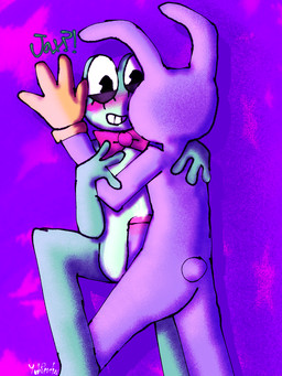 anthro awkward awkward_smile big_penis blush bodily_fluids butt clothing confusion duo erection excessive_genital_fluids excessive_precum female genital_fluids genitals gloves green_body half_naked handwear humanoid_genitalia humanoid_penis male male/female penis precum purple_background purple_body simple_background small_tail smile star tail teeth tension text worried yoshreveluv glitch_productions the_amazing_digital_circus jax_(tadc) ribbit_(tadc) amphibian frog lagomorph leporid mammal rabbit 3:4 digital_drawing_(artwork) digital_media_(artwork) shaded