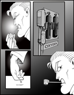 5_fingers angry cheekbones chin clenched_teeth fingers frown iv_drip looking_aside male match oxygen_tank smoking_pipe teeth text chris_fischer human mammal comic english_text hi_res
