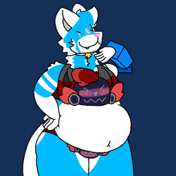 anthro blue_body blue_fur blush bra_transformation clothing_transformation dazed duo eye_scar facial_scar female fur heterochromia inanimate_transformation looking_pleasured looking_smug machine multicolored_body multicolored_fur overweight overweight_anthro overweight_female panties_transformation pool_toy prosthetic prosthetic_arm prosthetic_limb scar stretched_clothing transformation underwear_transformation white_body white_ears white_eyes white_fur yellow_eyes nogginnoodle charcoal_(itsrailes) etti_(nogginnoodle) domestic_cat felid feline felis mammal protogen 1:1 alpha_channel male_(lore)