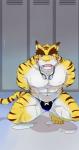 2017 absurd_res anthro bulge clothing eyebrows felid hi_res locker locker_room male mammal morenatsu pantherine pecs rotton solo speedo swimwear thick_eyebrows tiger torahiko_(morenatsu)