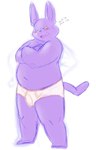 anthro belly blush briefs bulge clothing embarrassed male monotone_briefs monotone_clothing monotone_underwear navel overweight overweight_male purple_body solo tighty_whities underwear white_briefs white_clothing white_underwear yellow_eyes armadirou dragon_ball dragon_ball_super champa domestic_cat felid feline felis mammal