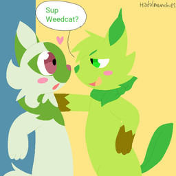 ambiguous/ambiguous ambiguous_gender anthro blush blush_stickers crossover_ship dialogue duo floating_heart fur green_body green_eyes green_fur heart_symbol leaf leaf_tail looking_at_another pinned pinned_to_wall red_eyes romantic romantic_couple semi-anthro shitpost simple_background speech_bubble tail text wall_(structure) yellow_background conditional_dnp funnyfaemeat loomian_legacy nintendo pokemon roblox domestic_cat elemental_creature felid feline felis fevine generation_9_pokemon loomian mammal pokemon_(species) sprigatito 1:1 2026 crossover digital_drawing_(artwork) digital_media_(artwork) english_text meme pixel_(artwork) signature