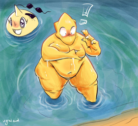 ambiguous_gender anthro belly big_belly big_breasts bikini bikini_bottom bikini_top blush breasts claws clothing covering covering_breasts deep_navel duo embarrassed exclamation_point fat_arms female holding_breast horn navel nude obese obese_anthro obese_female open_mouth open_smile overweight overweight_anthro overweight_female partially_submerged scales shortstack smile standing_in_water surprised swimwear thick_thighs two-piece_swimsuit wardrobe_malfunction water wet wide_eyed wide_hips yellow_body yellow_scales vyralewd undertale_(series) alphys onionsan hi_res