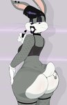 anthro big_butt biped bottomless breasts butt clothed clothing eyelashes female fur grey_body huge_butt looking_back pupils solo thick_thighs usnarbit looney_tunes warner_brothers bugs_bunny lagomorph leporid mammal rabbit 2024 hi_res