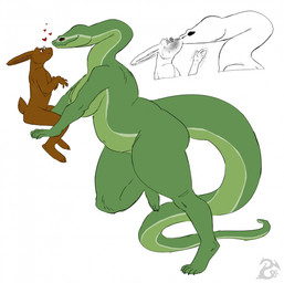 anthro belly big_breasts blush breasts brown_body brown_fur duo eyelashes eyewear female fur gesture glasses green_body handshake heart_symbol kissing larger_female male male/female navel non-mammal_breasts nude partners semi-anthro simple_background size_difference slightly_chubby slightly_chubby_female smaller_male tail thick_thighs white_background serpentess jerry_(serpentess) vri_(serpentess) hare lagomorph leporid mammal rabbit reptile scalie snake 2024 digital_media_(artwork) hi_res sketch watermark