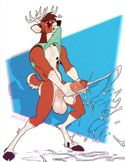 abstract_background anthro antlers balls big_balls big_penis bite blush bodily_fluids bottomless circumcised circumcision_scar clothed clothing cum cum_on_ground cum_splatter cumshot ejaculation erection excessive_cum excessive_genital_fluids eyes_closed genital_fluids genital_scar genitals hair holding_penis hooves horn humanoid_genitalia humanoid_penis looking_pleasured male masturbation muscular muscular_anthro muscular_male nipples orgasm orgasm_face penile penile_masturbation penis pent_up raised_clothing raised_shirt raised_tank_top raised_topwear scar shirt solo standing tank_top thick_penis topwear kihu deer mammal 2021 hi_res
