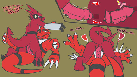 anal anal_penetration blue_eyes bodily_fluids claws curling_toes duo erection feet feral genital_fluids genitals internal male male/male male_penetrated male_penetrating penetration penis red_body sex slit_penis tail text tongue ferzdracroc bandai_namco digimon mythology digimon_(species) dragon guilmon mythological_creature mythological_scalie reptile scalie shoutmon shoutmon_(king_ver.) 16:9 hi_res widescreen