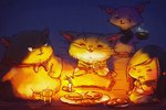 anthro biped candle clothed clothing eyes_closed food group laugh night sitting you_miichi nairi:_tower_of_shirin nairi_(series) asim_(nairi) nada_(nairi) nairi_(character) nur_(nairi) domestic_cat felid feline felis human mammal 2017 official_art