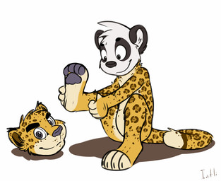 anthro clothing costume male simple_background sitting smile solo white_background young young_anthro young_male iztli pandapaco iztli_(iztli) parinton bear giant_panda mammal 2015 signature