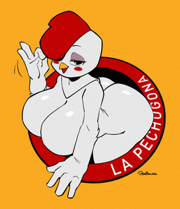 4_fingers anthro bent_over big_breasts big_butt biped black_eyes breasts butt feathers featureless_breasts female female_anthro fingers huge_breasts huge_butt humanoid_hands looking_at_viewer nude nude_anthro nude_female standing white_body white_feathers joaoppereiraus la_pechugona avian bird chicken galliform phasianid 2026 hi_res