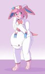 ageplay anthro barefoot big_diaper blue_eyes cheek_tuft clothed clothing diaper diaper_under_clothing facial_tuft feet female fur huge_diaper infantilism looking_aside onesie pink_body pink_fur pink_nose roleplay simple_background solo standing tuft bunnykisses lagomorph leporid mammal rabbit absurd_res hi_res