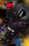 action_pose anthro bangs biped blindfold blurred_background boots bulge butt claws clothed clothing cosplay crossdressing digital_media_(artwork) domestic_cat dress ear_piercing embers felid feline felis femboy fire footwear gears gloves handwear hi_res high_heeled_boots high_heels industrial jumping legwear male mammal nier_automata panties particles piercing platinumgames pose raised_leg reizo shaded shoes side_view solo stockings thick_thighs underwear valkoinen yorha_2b