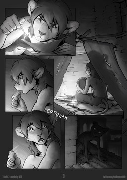 anthro biped clothed clothing duo ear_piercing ear_ring eating fire lamp male oil_lamp onomatopoeia piercing ring_piercing rooftop silhouette sitting solo sound_effects tail tail_tuft text topless topless_anthro topless_male tuft mickey_the_retriever canid canine felid lion mammal pantherine 2026 absurd_res comic hi_res monochrome multiple_scenes url