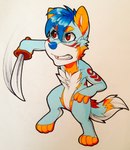 anthro blue_hair chest_tuft chibi hair holding_melee_weapon holding_object holding_sword holding_weapon male melee_weapon nude object_swing on_one_leg open_mouth red_eyes solo standing sword sword_swing tuft weapon weapon_swing weapon_trail unknown_artist falcon_woodwere arctic_wolf canid canine canis mammal wolf hi_res traditional_media_(artwork)