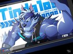 anthro biceps blue_body blue_fur countershading cute_fangs fur male muscular muscular_anthro muscular_male sleeveless_hoodie solo streaming text takemoto_arashi lifewonders tokyo_afterschool_summoners tindalos_(tas) canid canine canis mammal wolf hi_res japanese_text