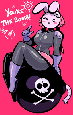 anthro bodysuit bomb clothing explosives female gesture grey_bodysuit grey_clothing grey_skinsuit hand_gesture looking_at_viewer pink_background simple_background sitting skinsuit smile solo tight_clothing newtype_hero rabbit_bomb lagomorph mammal