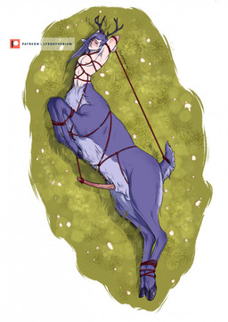 animal_genitalia animal_penis antlers arms_tied bdsm blush bondage bound cervine_genitalia cervine_penis erection eyes_closed fur genital_rope genitals grass hair hooves horn legs_tied lying male male_taur nipples nude nude_male nude_taur on_side penis penis_rope plant purple_body purple_fur purple_hair restraints rope rope_around_ankle rope_around_penis rope_bondage rope_harness scut_tail sheath short_tail simple_background solo submissive submissive_male submissive_taur tail tail_tied white_background lykostherium deer deer_taur humanoid_taur mammal mammal_taur taur hi_res