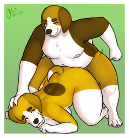 anthro border breasts brown_body brown_fur eye_contact female fur hand_on_head husband_and_wife looking_at_another male male/female married_couple moobs nipples sex slightly_chubby slightly_chubby_female slightly_chubby_male smile white_body white_border white_fur yellow_body yellow_fur alexnik bluey_(series) daisy_(bluey) marcus_(bluey) beagle canid canine canis domestic_dog hunting_dog mammal scent_hound 2026 digital_media_(artwork) hi_res