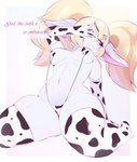 animal_print blonde_hair blue_body blue_skin blush breasts clothing cow_print cow_print_thigh_highs dialogue embarrassed female hair legwear looking_away navel one-piece_swimsuit one_eye_closed pink_eyes sling_bikini solo swimwear thick_thighs thigh_highs demongirl_demoness league_of_legends riot_games tencent poppy_(lol) humanoid yordle 2024 absurd_res digital_drawing_(artwork) digital_media_(artwork) hi_res