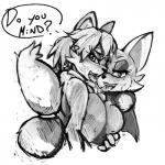 1:1 accessory anthro bat black_nose bodily_fluids breasts canid canine crossover dialogue duo english_text female female/female fox furgonomics hair hi_res krystal_(star_fox) looking_at_viewer mammal monochrome nintendo nude ramdoctor rouge_the_bat saliva saliva_string sega short_hair side_boob simple_background sonic_the_hedgehog_(series) star_fox tail tail_accessory tailband text tongue tongue_out