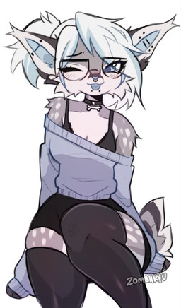 anthro bangs black_bra black_clothing black_legwear black_stockings black_underwear blue_eyes blue_mouth blue_nose blue_tongue blush blush_lines bottomwear bra breasts cheek_tuft clothed clothing collar ear_piercing eyelashes eyewear facial_piercing facial_tuft female front_view fur glasses hair half-closed_eyes hotpants legwear lip_piercing long_eyelashes looking_away markings medium_hair minishorts narrowed_eyes nose_piercing nose_ring off_shoulder one_eye_closed open_mouth piercing ponytail ring_piercing short_tail shorts sitting small_breasts smile solo spots spotted_body spotted_fur spotted_legs spotted_shoulders spotted_thighs stockings sweater tail thick_thighs tongue topwear tuft underwear wearing_glasses zombiikyu felid feline lynx mammal 2025 colored_sketch hi_res sketch