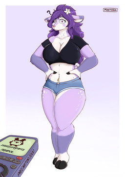 anthro bottomwear breasts clothing controller female hands_on_hips pregnant purple_body shorts solo standing thighs_together mestysa heather_(zevulpes) deer mammal absurd_res hi_res
