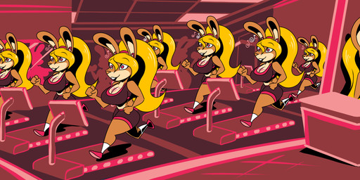 after_transformation anthro assimilation athletic athletic_female athletic_wear big_breasts bimbofication biped blonde_hair bottomwear bra breast_tattoo breasts ceiling ceiling_lamp ceiling_tiles cleavage clothed clothed_anthro clothed_female clothing detailed_background door earbuds electronics exercise exercise_equipment female female_anthro footwear group gym gym_bottomwear gym_shorts hair headphones inside jogging lamp long_hair mind_control musical_note musical_symbol plantigrade running shoes shorts silhouette silhouetted_body sneakers socks sports_bra sportswear symbol tan_body tattoo three-quarter_view twinning underwear window howling-madfoxhatter lagomorph mammal colored digital_drawing_(artwork) digital_media_(artwork) flat_colors hi_res